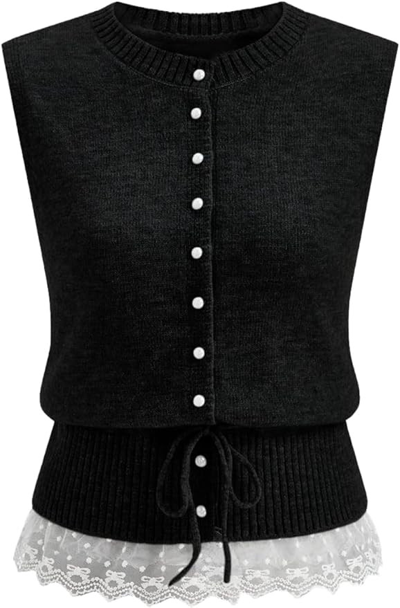 QIBABU Womens Sweater Vest Casual Button Down Sleeveless Cardigan Lace Hem Lightweight Knit Tank ... | Amazon (US)