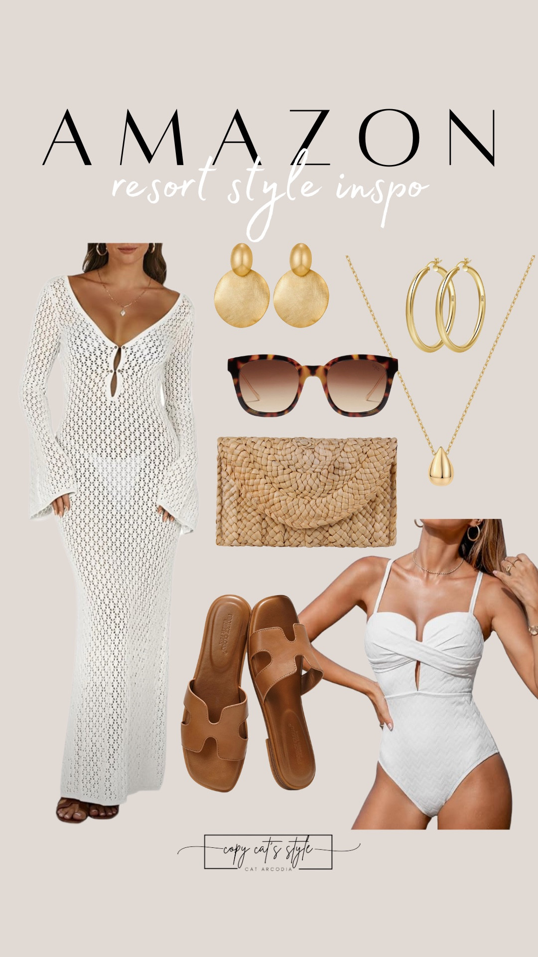 Resort style inspo all from Amazon! Amazon coverups, white swimsuits, sandals, accessories. 

#LTKFindsUnder50 #LTKSwim #LTKStyleTip