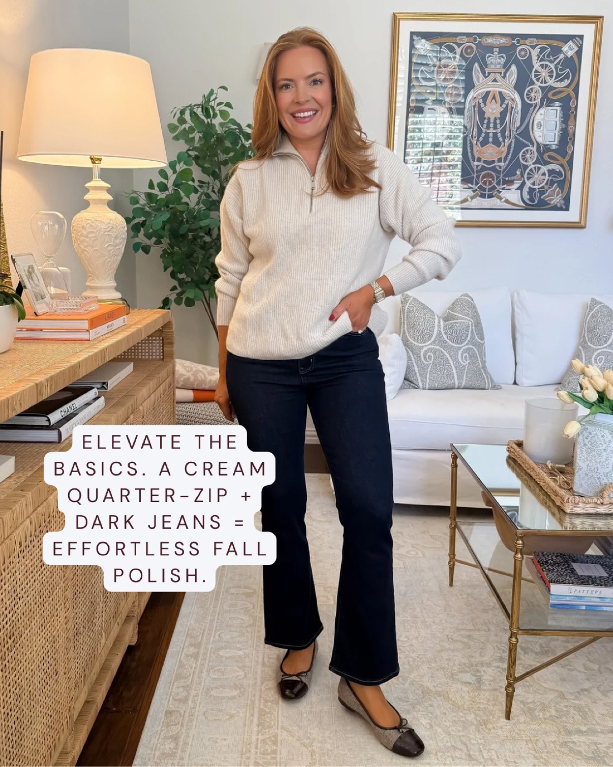 Wearing 28 short in jeans and medium in the quarter-zip — both true to size.
Elevating the basics: a cream quarter-zip sweater plus dark rinse jeans is the simplest polished fall outfit formula. The light-dark contrast keeps it interesting, and the clean knit elevates the denim without any effort. My uniform for busy fall mornings.
#quarterzip #darkrinsejeans #fallbasics #casualfalloutfits #elevatedcasual
