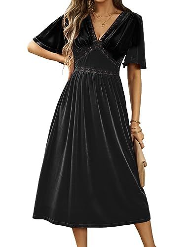 Zilcremo Women Deep V Neck Elegant Velvet Dress Bell Sleeve Lace Flowy Midi Party Dresses | Amazon (US)
