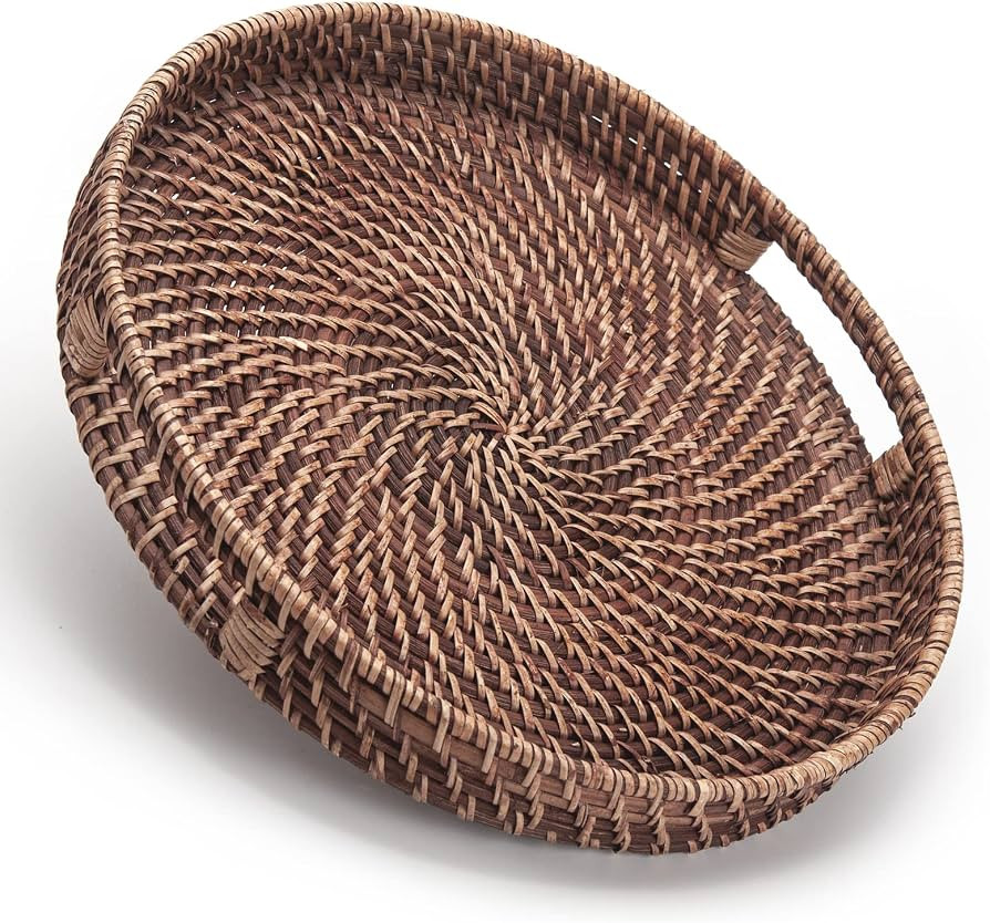 Round Rattan Woven Serving Tray with Handles Ottoman Tray for Breakfast, Drinks, Snack for Coffee... | Amazon (US)