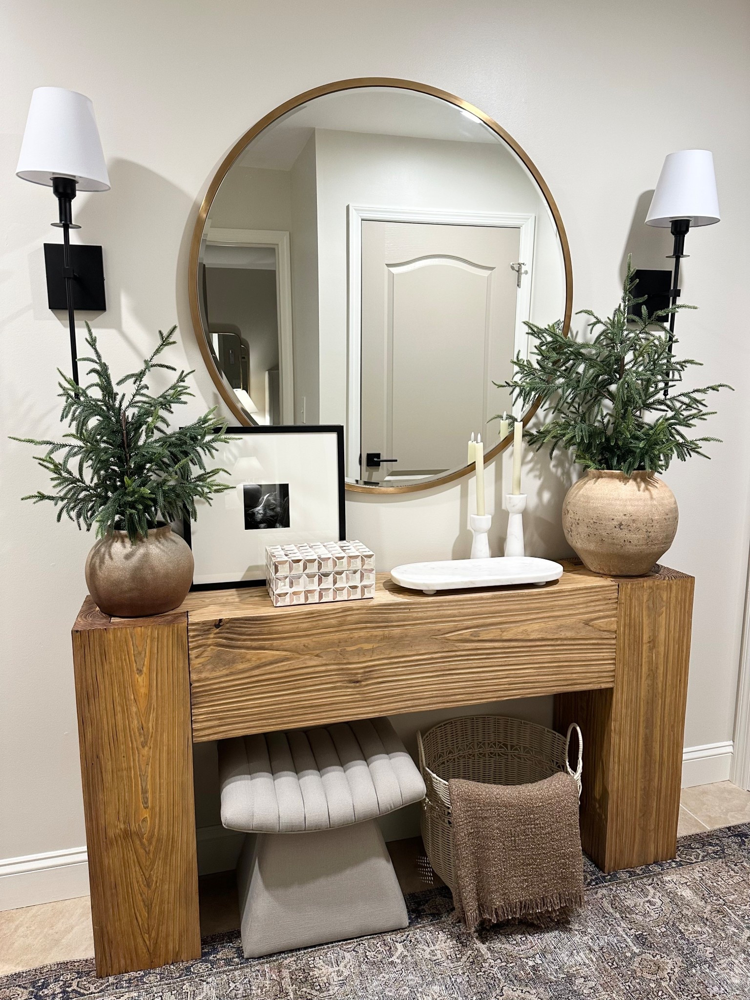 Entryway console table idea with the viral hobby lobby trees! 

#LTKHome #LTKSeasonal #LTKHoliday