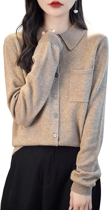 Chanyarn Women's Polo Neck 100% Merino Wool Sweater 2025 Spring Basic Long Sleeve Knitted Cardiga... | Amazon (US)