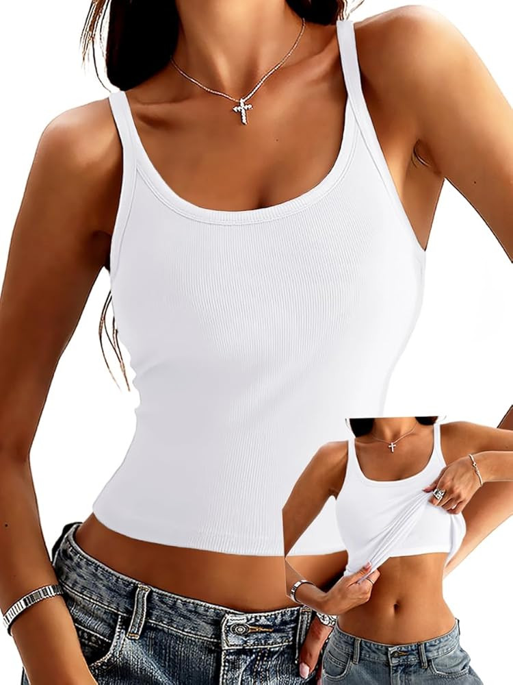 Danysu Women's Tank Tops with Bulit in Bras Scoop Neck Ribbed Fitted Knit Crop Halter Tops Spaghe... | Amazon (US)