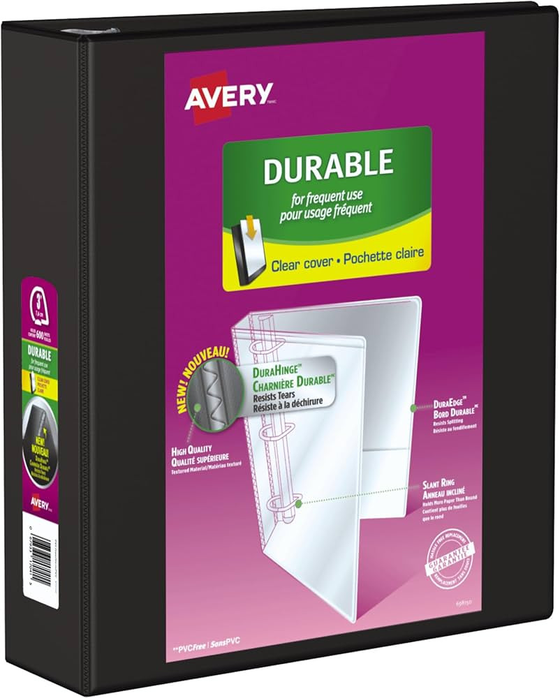 Avery Durable View Binder, 3" Slant Rings, 600 Sheet Capacity, 3 Ring Binder, 2 Pockets, PVC Free... | Amazon (CA)