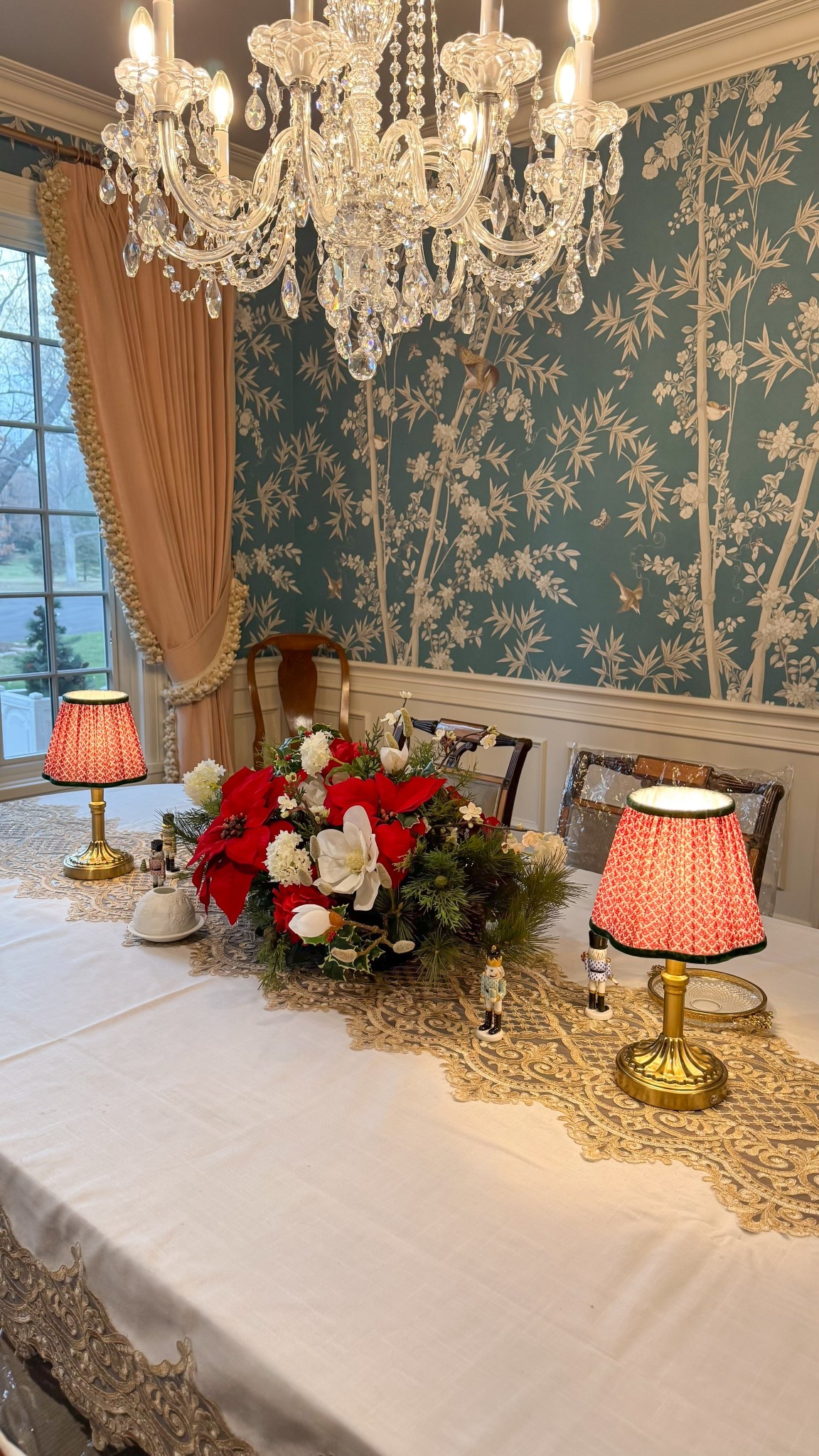 The cutest rechargeable lamps for conversation height! These are so cozy and I changed out the lampshades for these Mrs. Alice Christmas ones