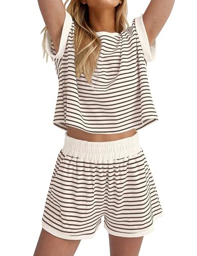 Women Summer 2 Piece Lounge Sets Striped Short Sleeve Tee Shirts Mini Shorts Loungewear Shorts Se... | Amazon (US)