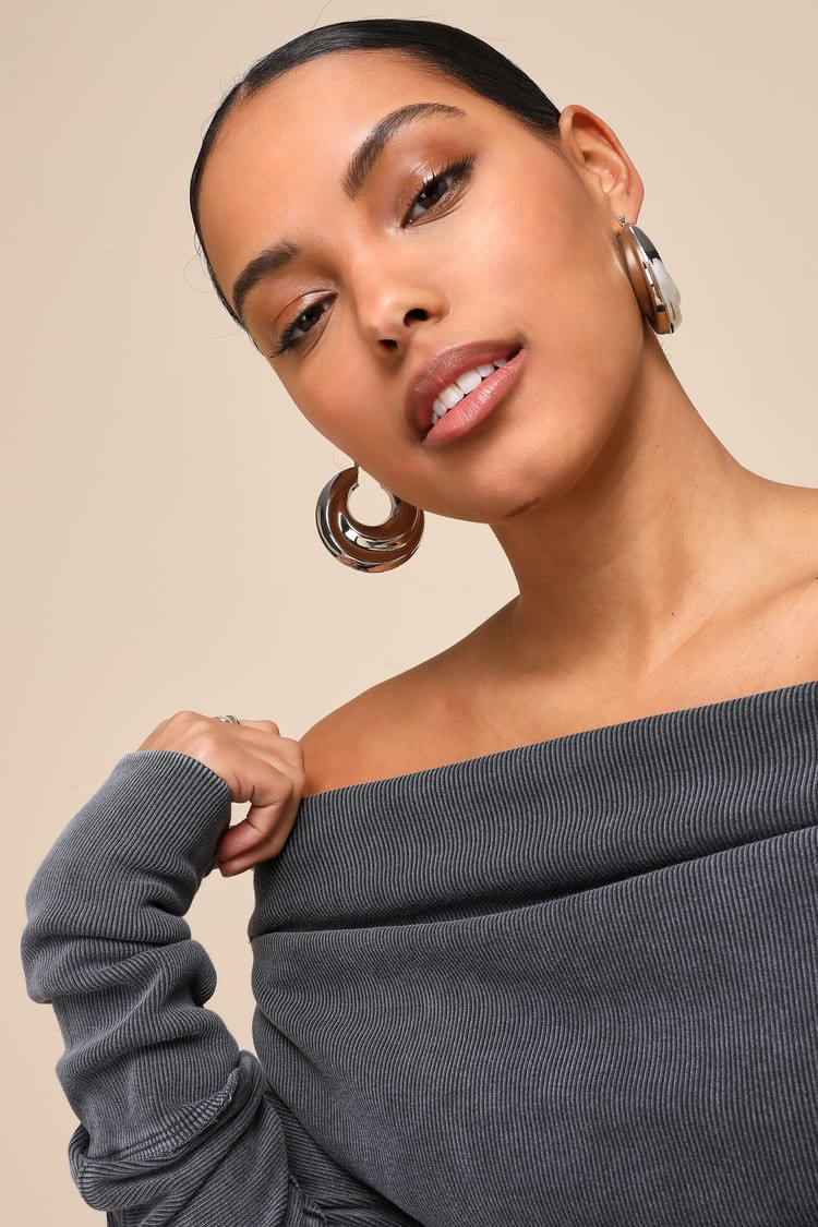 Gigi Washed Black Ribbed Off-the-Shoulder Long Sleeve Top | Lulus