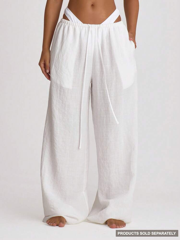 Musera Resort Drawstring Wide Leg Linen Trousers Cover Up Swim Vacation Holiday Summer Travel Bea... | SHEIN