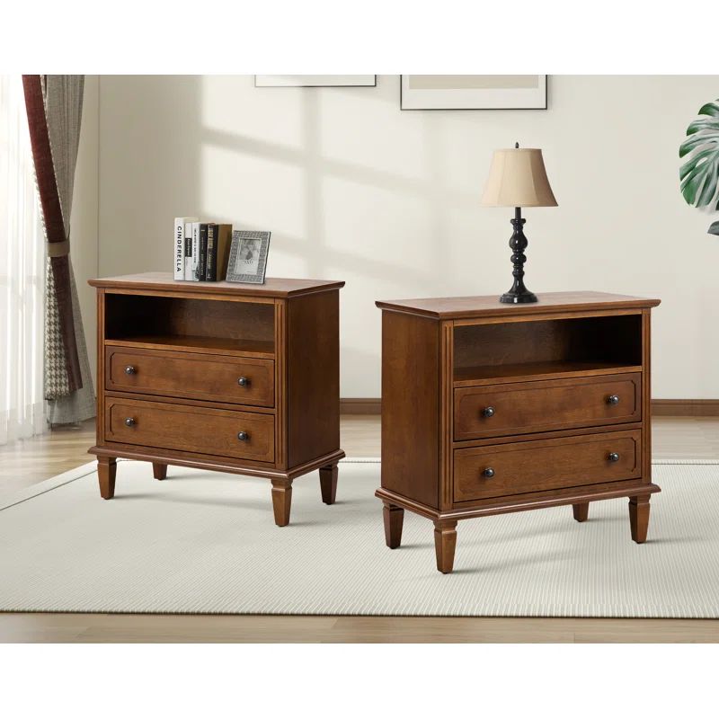 Amberlyn 2-Drawer Nightstand with Built-In Outlets and Solid Wood Legs (Set of 2) | Wayfair North America