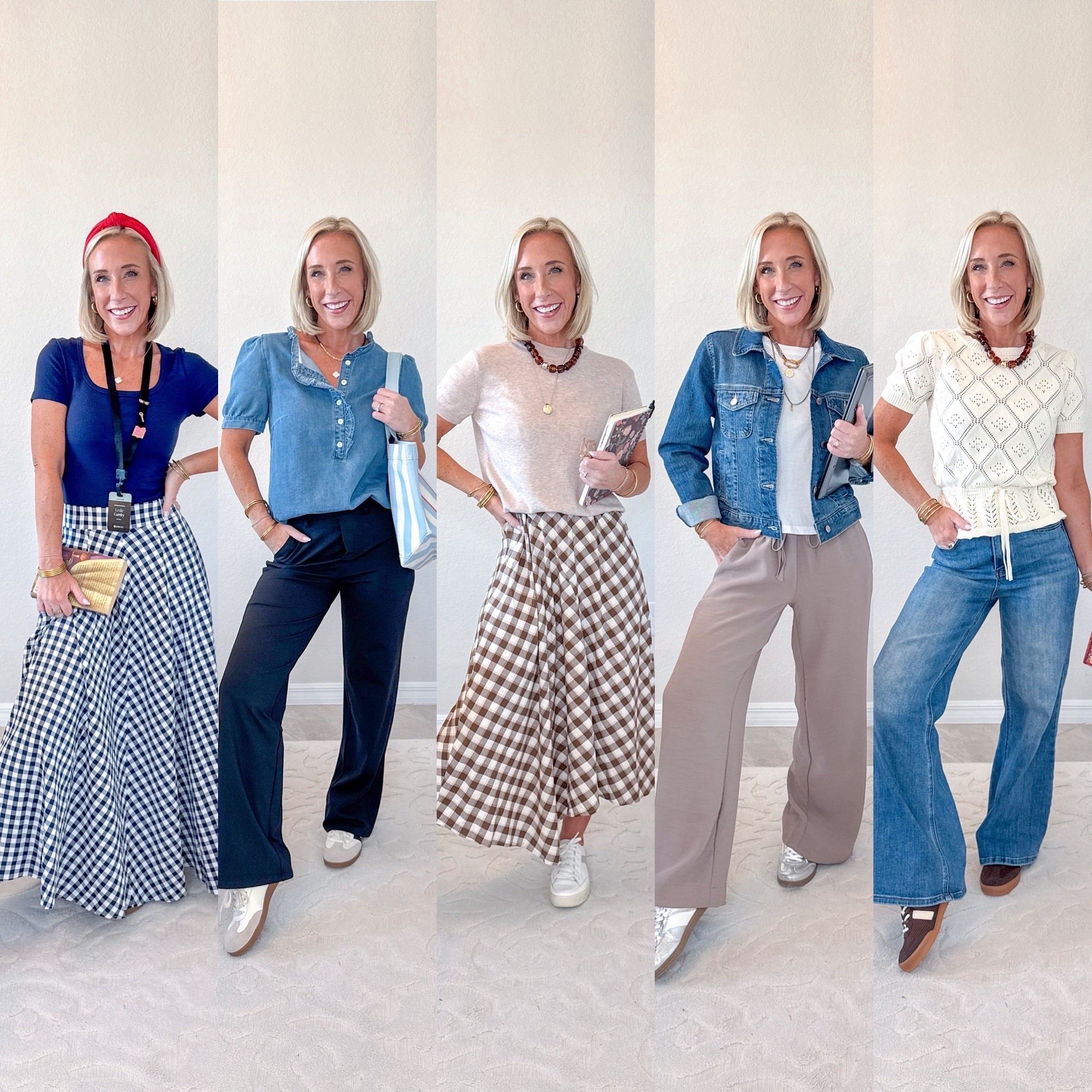 Week of Work Wear - teacher outfits w/ sneakers 
* Sleeveless Skort Set - size small. 
1. MONDAY: Gingham Skirt - size small // Scoop T-Shirt - size small // Red Sneakers - size up a half.
2. TUESDAY: Chambray Ruffle Blouse - size small // Pull-On Trousers - size small // White Sneakers - size up a half.
3. WEDNESDAY: Short Sleeve Sweater - size small // Plaid Dress (yes, it’s a dress, not a skirt!) - size XS // White Sneakers - tts. 
4. THURSDAY: Crepe Pants - size XS // Denim Jacket - size XS // White Cropped T-Shirt - size XS // Silver Sneakers - linked similar.
5. FRIDAY: Short Sleeve Crochet Tie Front Peplum Sweater - size XS // Wide Leg Jeans - size 25 // Brown Sneakers - tts.

#LTKWorkwear #LTKSeasonal #LTKOver40