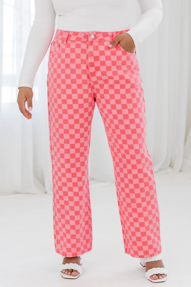 Shelby Pink Checkered Jeans | Pink Lily