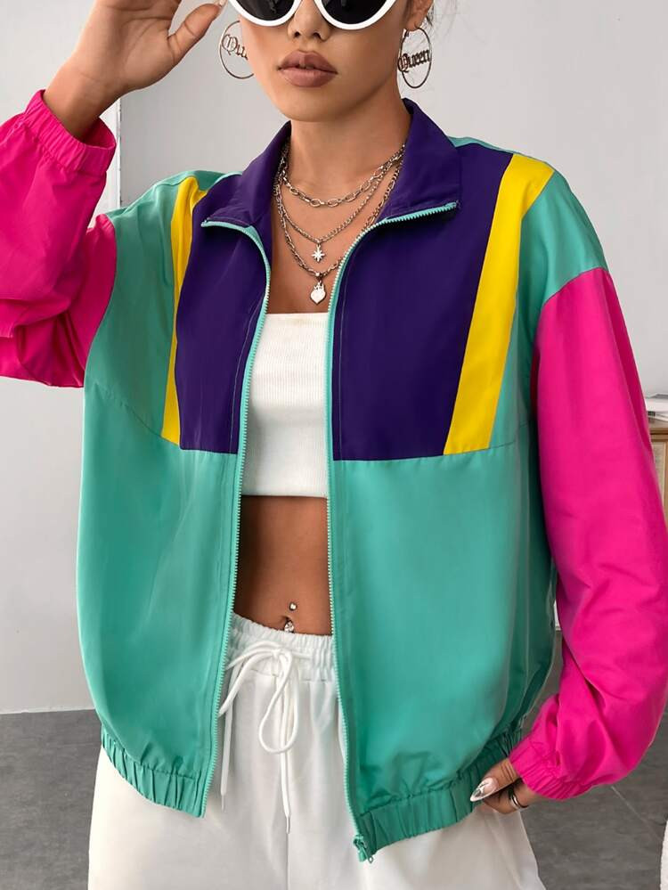 SHEIN EZwear Color Block Drop Shoulder Zipper Jacket | SHEIN