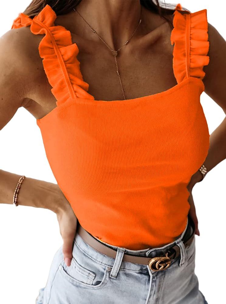 Remidoo Women's Causal Sleeveless Frill Trim Strap Ribbed Knit Cami Tank Top | Amazon (US)