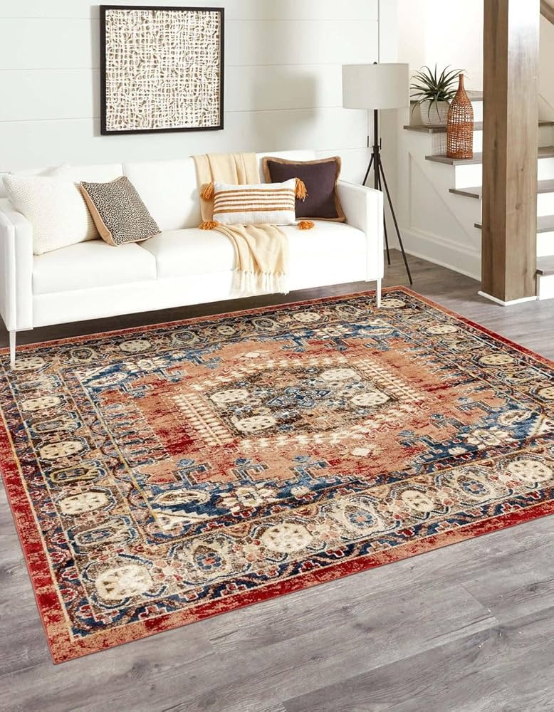 Unique Loom Utopia Collection Area Rug - Larissa (7' 10" Square, Terracotta/ Blue) | Amazon (US)
