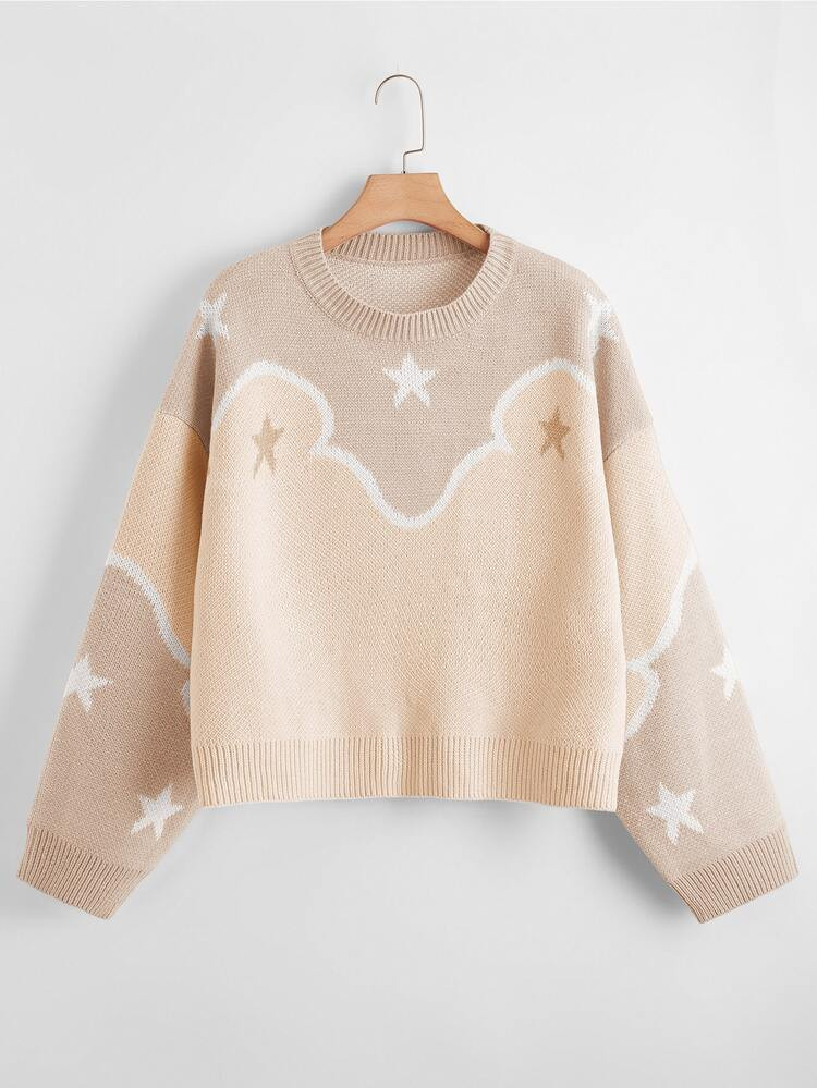 Plus Star Pattern Colorblock Drop Shoulder Sweater | SHEIN