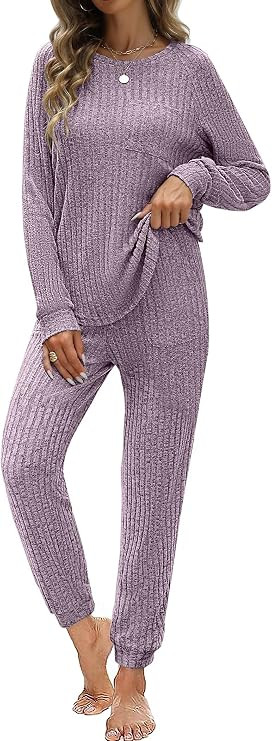 JUSTFASHIONNOW Womens Ribbed Lounge Sets 2 Piece Outfits Knit Sweater Sets | Amazon (US)