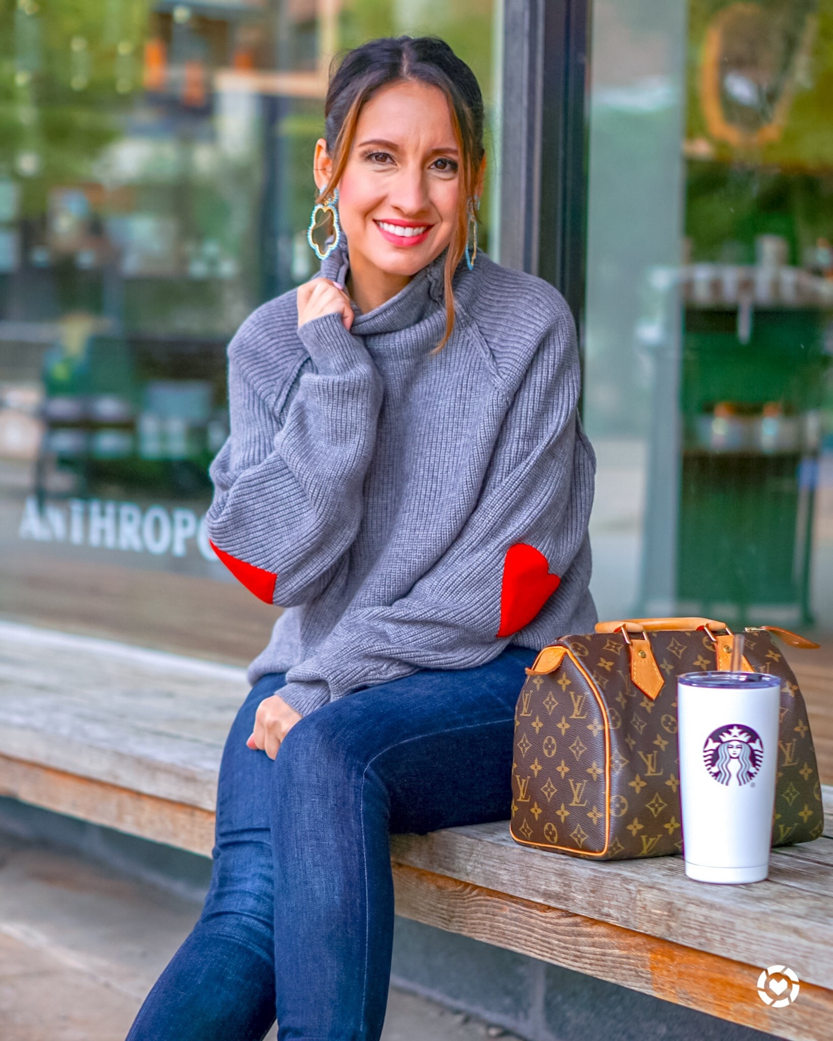 Grey sweater with heart elbow patches. Runs big. Go Down 1 size. 
Skinny Good American jeans. I love these jeans. 
Brown classic Louis Vuitton handbag. 
Petite style 


#LTKPetite #LTKootd #LTKOver40