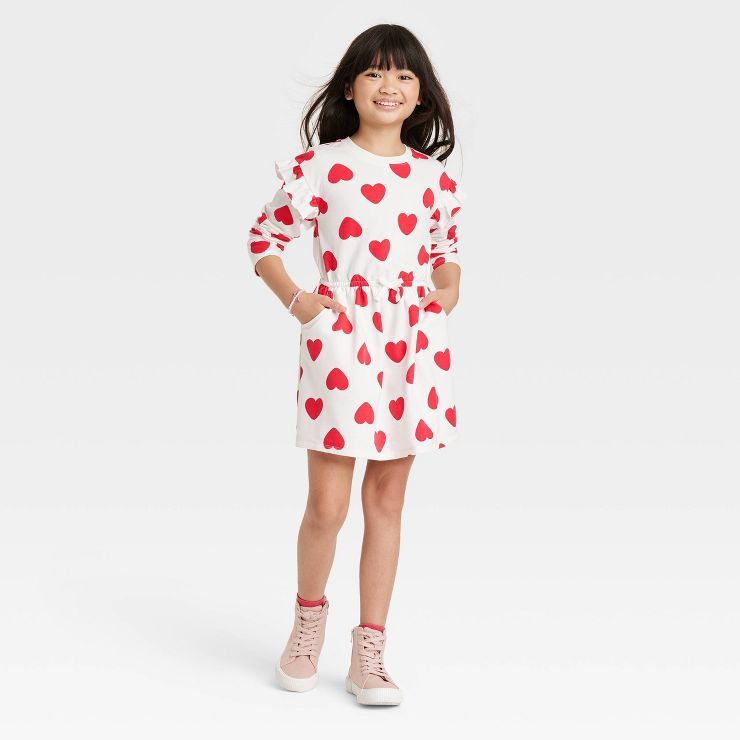 Girls' Valentine's Day 'Heart' Long Sleeve Ruffle Dress - Cat & Jack™ Cream | Target