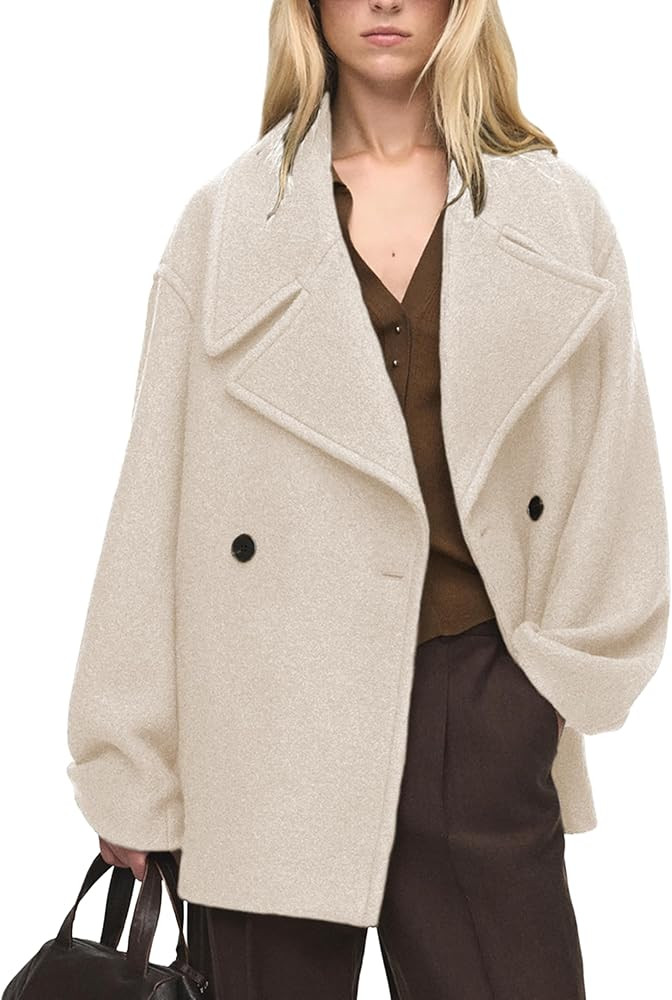 Tomosc Women Double Breasted Short Peacoat Winter Oversized Notched Lapel Cropped Wool Blend Coat... | Amazon (US)