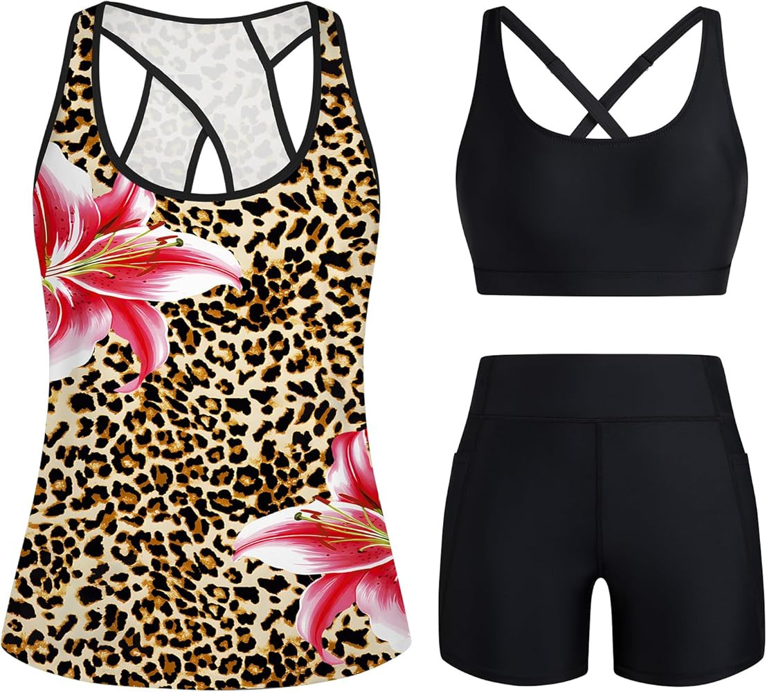 HUSKARY 3 Piece Tankini Swimsuits for Women Swim Tank Top with Bra and High Waist Boy Shorts with... | Amazon (CA)