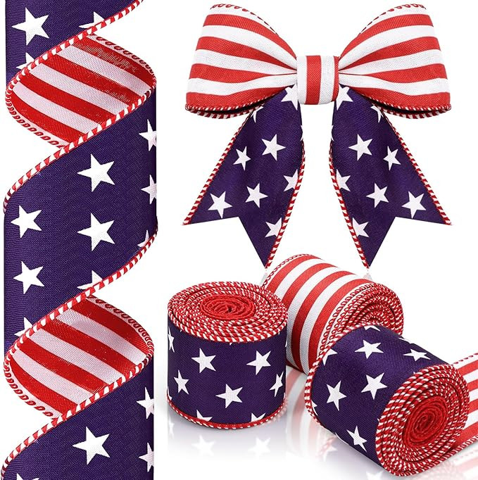 XunYee 3 Rolls Patriotic Ribbons American Flag Double Sided Star Striped Wired Ribbon Red Blue Wh... | Amazon (US)