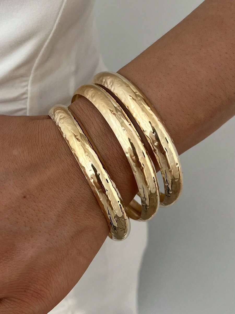 3pcs Vintage Elegant Wide Flat Metal Bangle Bracelet Set, Suitable For Women's Daily, Party, Vaca... | SHEIN