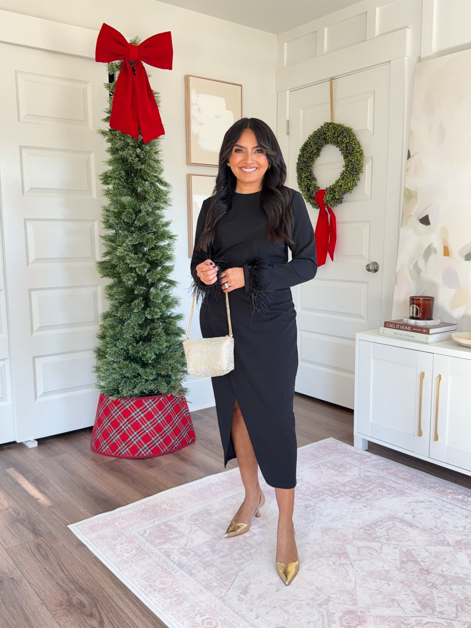 Black feather trim sleeve midi dress size black TTS
Gold heels size 5 TTS


#LTKGiftGuide #LTKHoliday #LTKStyleTip