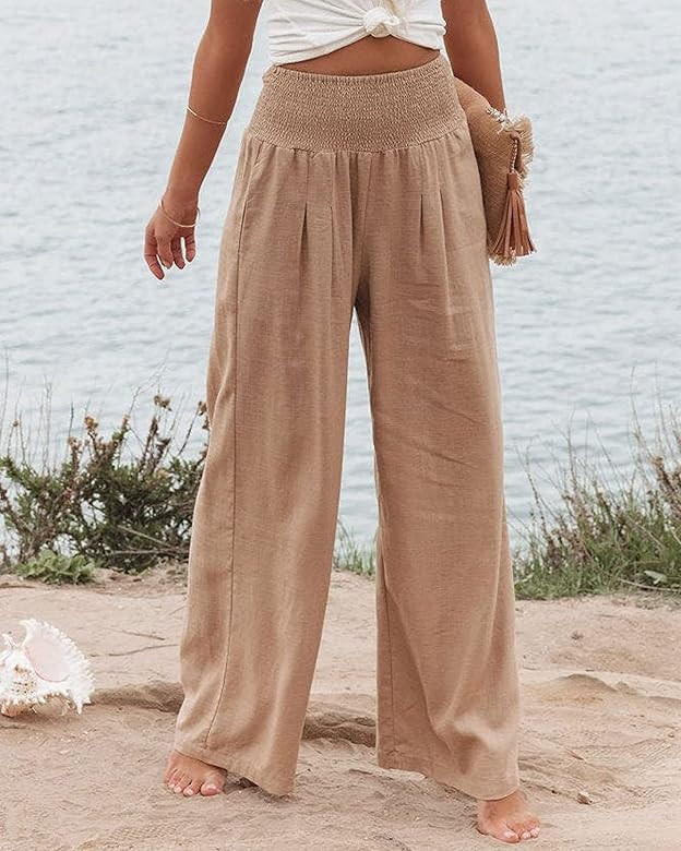 Women Linen Pants Elastic High Waist Wide Leg Palazzo Lounge Pants Casual Loose Beach Pants with Poc | Amazon (US)