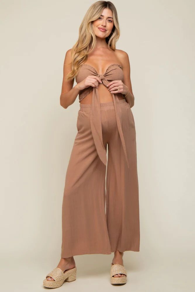 Mocha Front Tie Crop Top and Pant Maternity Set | PinkBlush Maternity