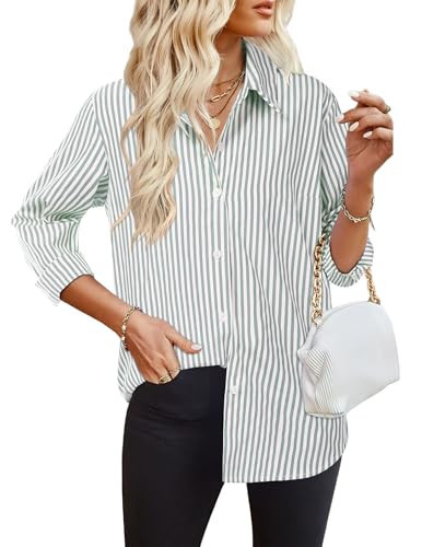 HOTOUCH Womens Button Up Shirt Long Sleeve Dressy Striped Blouse Casual Spring Business Blouses Top Green White S | Amazon (US)