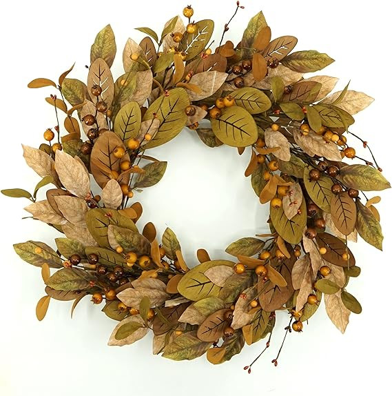 WreathDream 20'' Fall Wreath Autumn Wreath for Front Door with Brown Magnolia Leaves and Small Po... | Amazon (US)