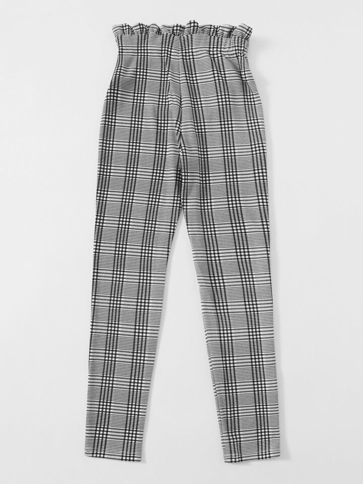 SHEIN Clasi Paperbag Waist Belted Plaid Pants | SHEIN