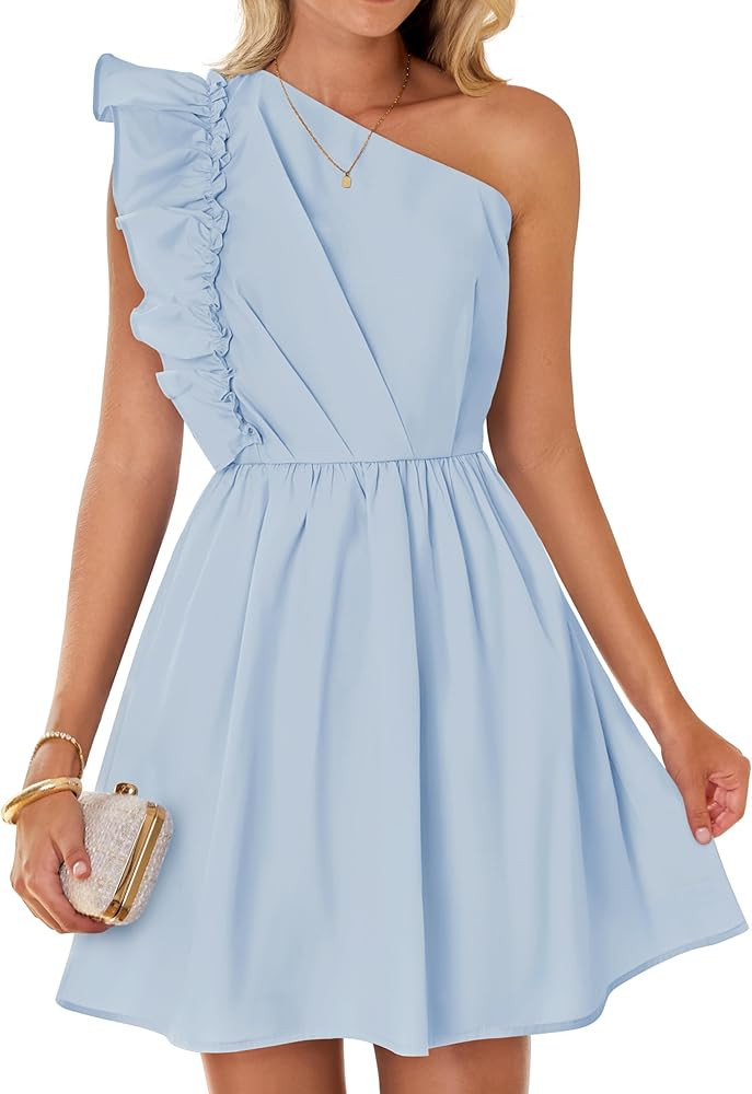ZESICA Women's Summer One Shoulder Ruffle Dress 2024 Boho Sleeveless Elastic High Waist Swing Min... | Amazon (US)