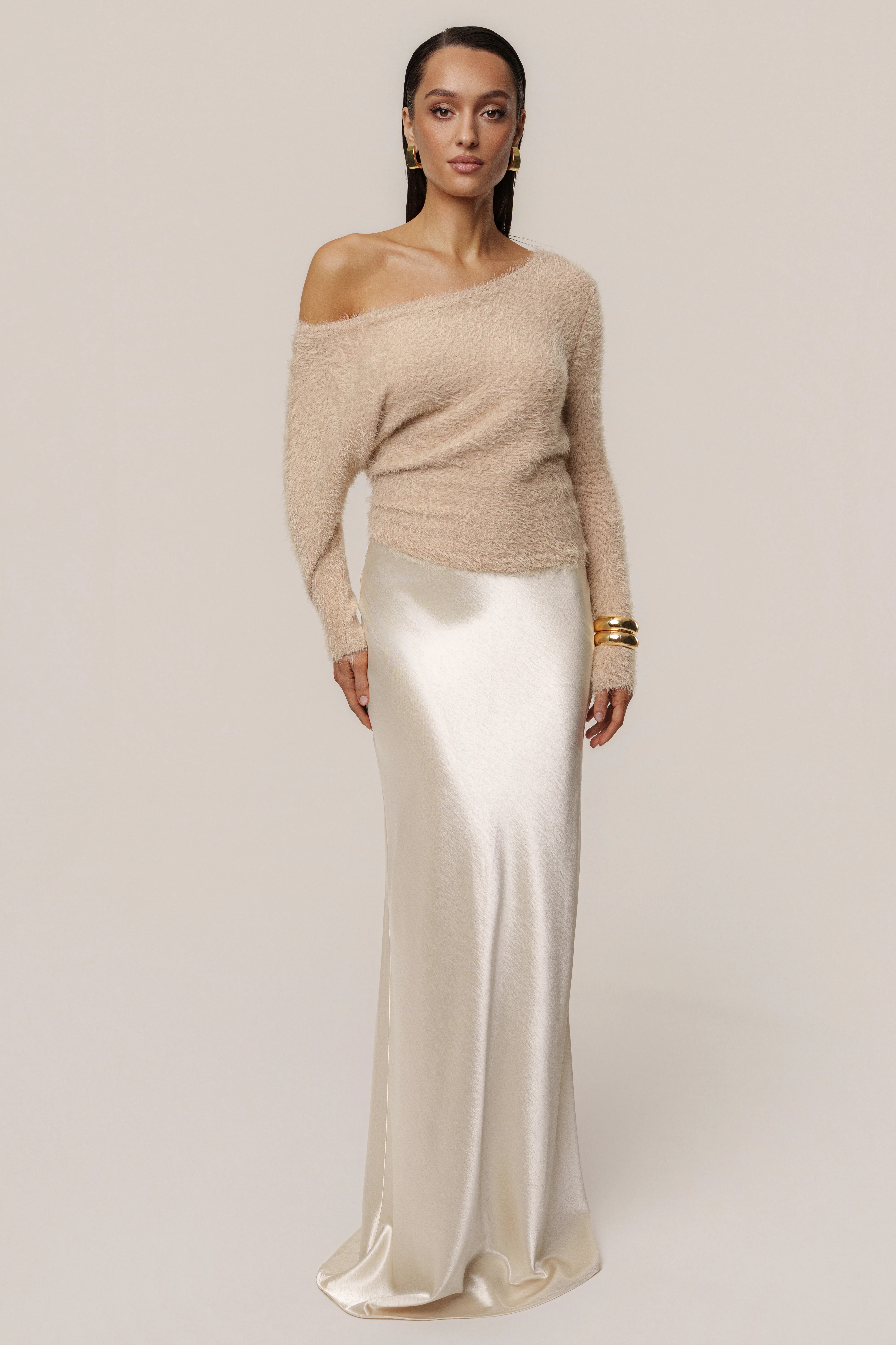 Champagne Tradition Satin Maxi Skirt | JLUXLABEL US