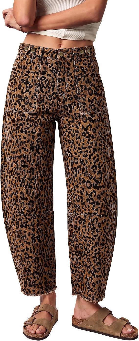 GRAPENT Leopard Barrel Jeans Women High Rise Frayed Hem Cheetah Print Pants | Amazon (US)