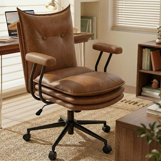 Brown Office Chair with Triple-Layers Thicken Wide Seat, Mid Back Leather Desk Chair with Wheels ... | Amazon (US)