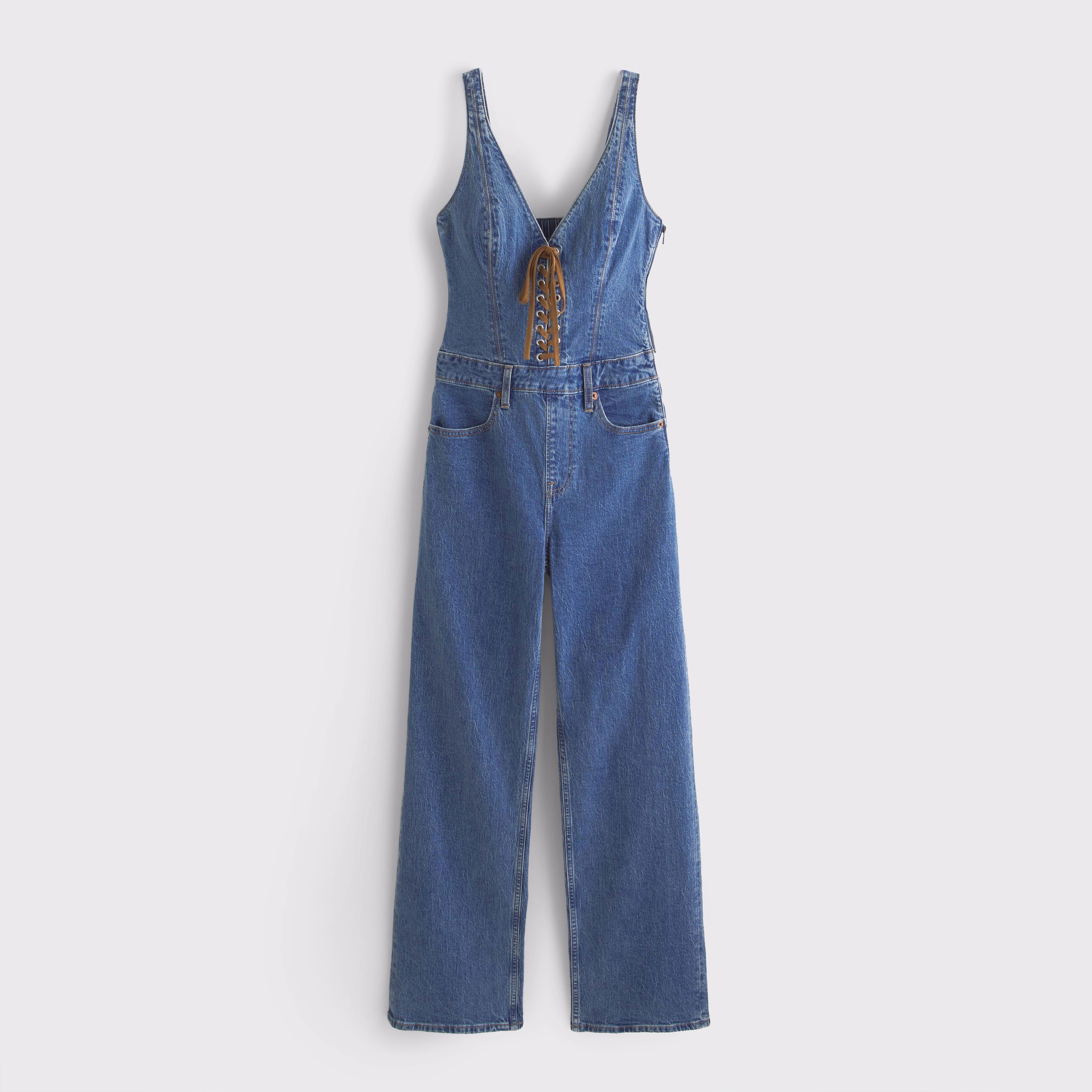 Vegan Suede Lace-Up Denim Jumpsuit | Abercrombie & Fitch (US)