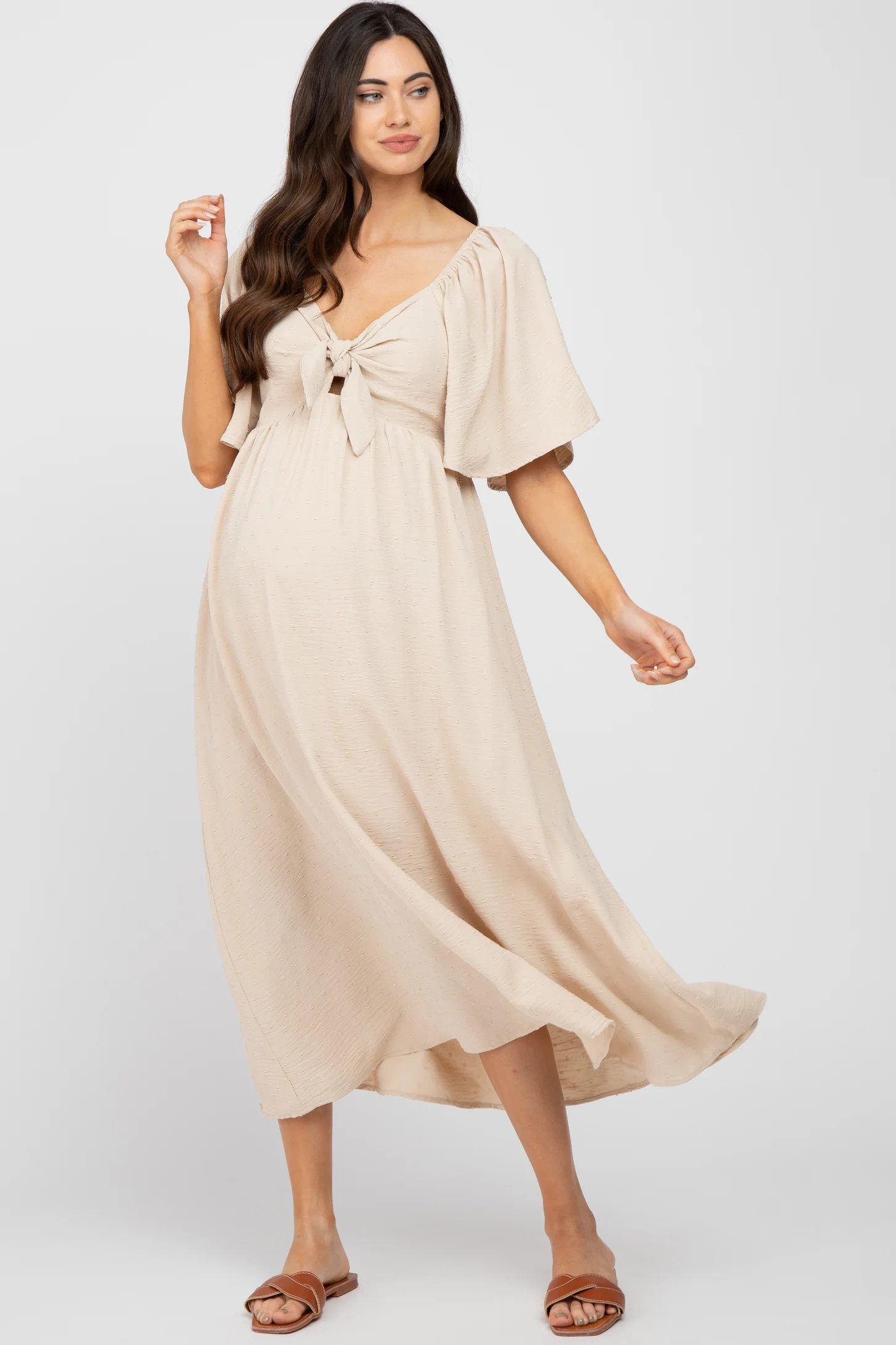 Beige Textured Dot Front Tie Ruffle Sleeve Maternity Midi Dress | PinkBlush Maternity