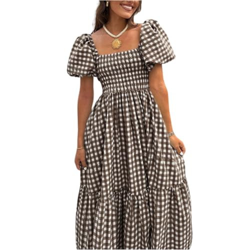 Summer Dresses Women Smocked Square Neck Puff Short Sleeve Plaid Gingham Dress Ruffle A Line Flowy Beach Sundress Light Brown XX-Large | Amazon (US)