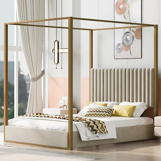 Modern 4-poster Canopy Platform Bed Queen Size with Channel Upholstery Tufted Headboard, Gold Met... | Amazon (US)
