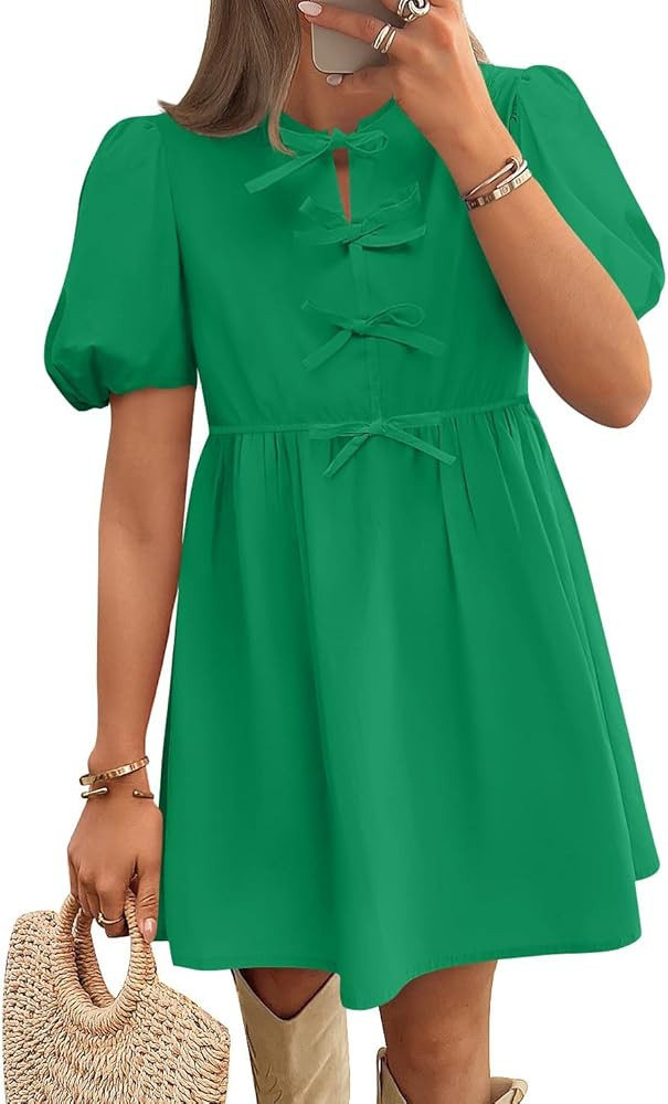 ZESICA Women's Summer Short Sleeve Tie Front Mini Dress Babydoll Ruffle Pleated A Line Vacation G... | Amazon (US)