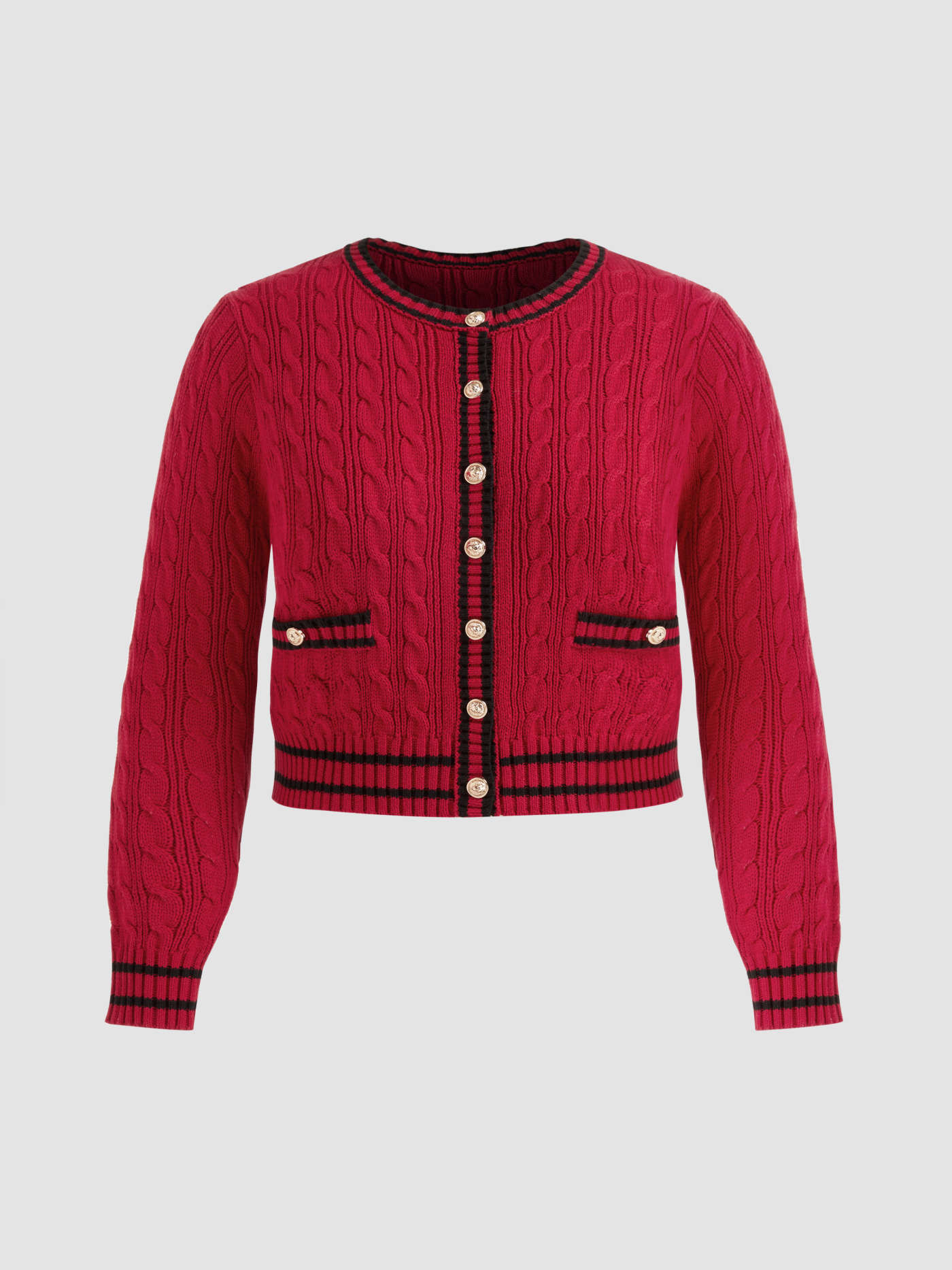Knit Fabric Cable Knit Round Neckline Contrasting Binding Crop Cardigan Curve & Plus For Work | Cider