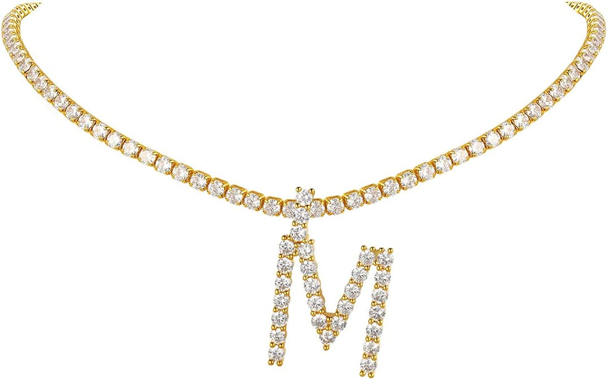 FindChic Bling Fully CZ Tennis Chain Initial Necklace for Women 16'' Butterfly Choker 18K Gold Pl... | Amazon (US)