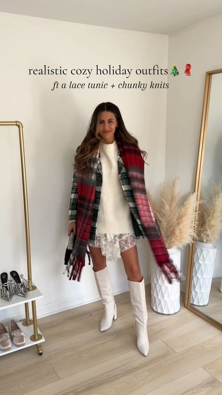 Holiday comfy outfits to wear this winter ... oversized sweater (xs) lace tunic (XS) plaid jacket (small) and chunky plaid Christmas scarf 

Boots outfit | holiday outfits | christmas outfits | cozy holiday | free people | lulus 

#LTKVideo #LTKHoliday #LTKSeasonal