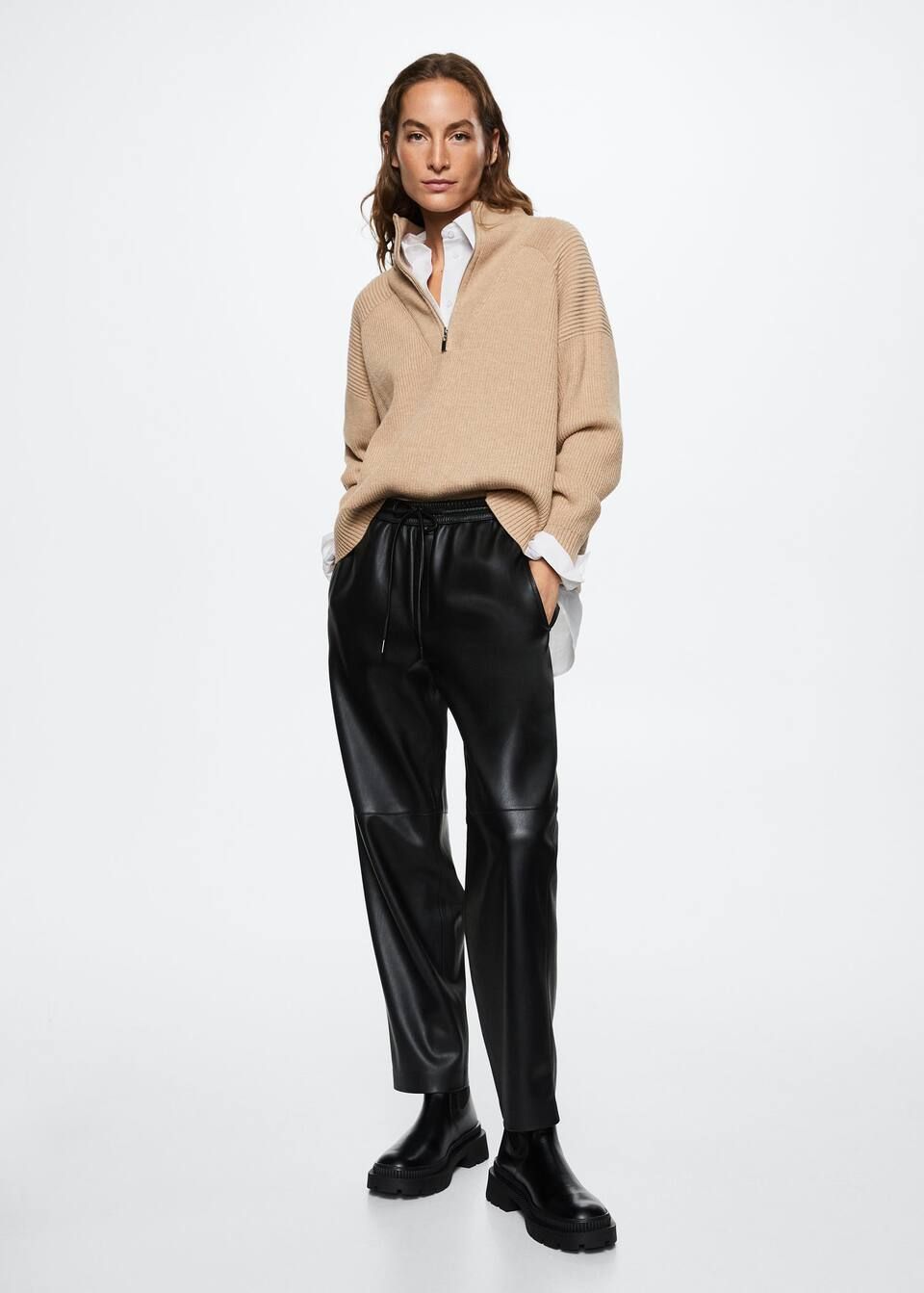 Leather-effect elastic waist trousers | MANGO (US)