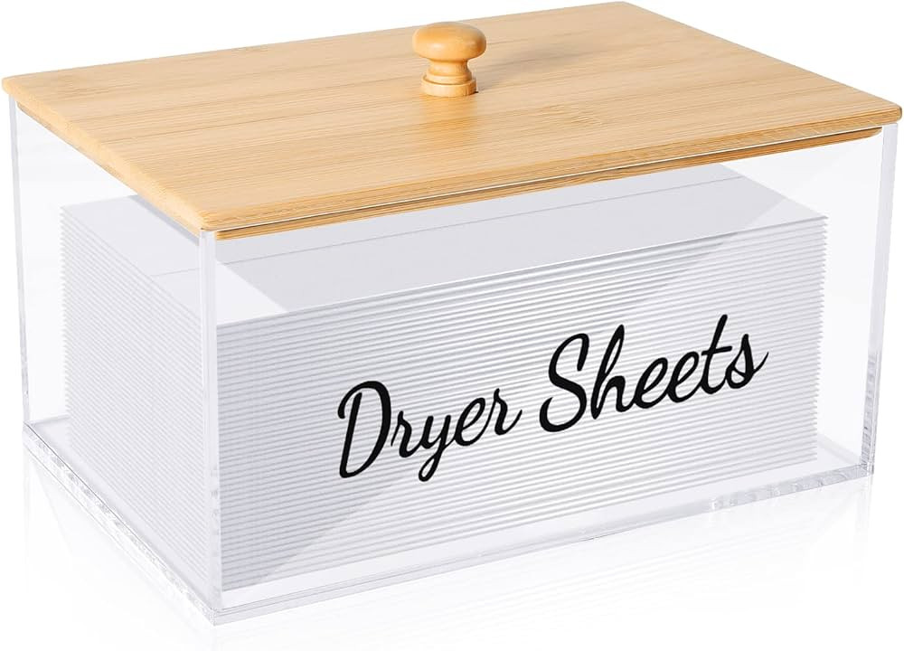 JYPS Acrylic Dryer Sheet Holder Container with Bamboo Lid for Laundry Room Decor Organization and... | Amazon (US)