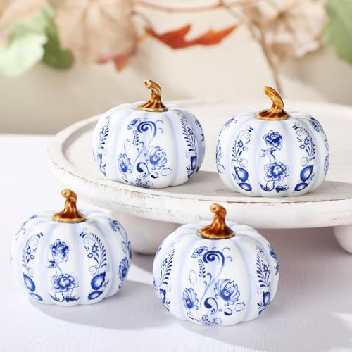 RimCereal 4 Pcs Chinoiserie Ceramic Pumpkins Fall Decorations Blue and White Porcelain Decoration for Fall Tiered Tray Thanksgiving Table Centerpiece Bowl Basket Fillers Mantel Home Decoration | Amazon (US)