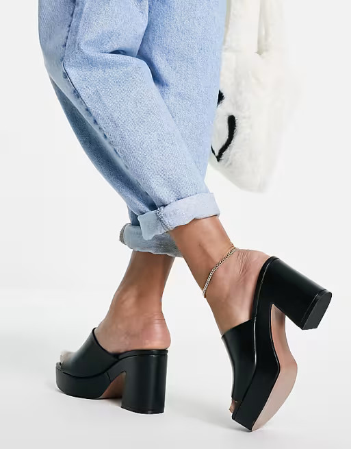 ASOS DESIGN Wide Fit Harmony mid heeled platform mules in black | ASOS (Global)