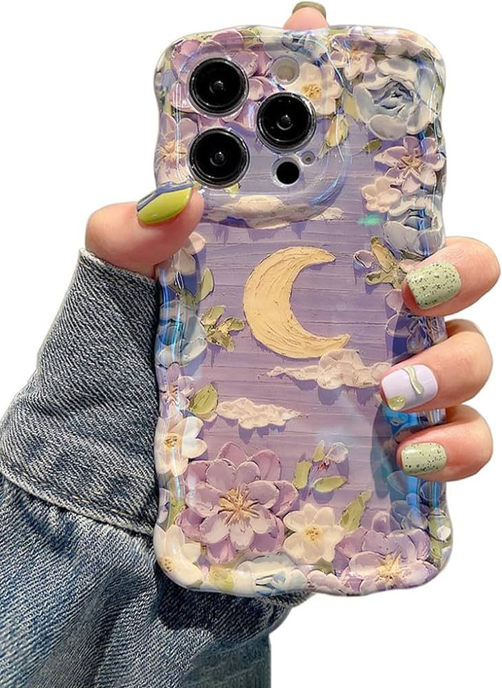 EYZUTAK Case for iPhone 14 Pro Max, Colorful Retro Oil Painting Flower Leaves Moon Cloud Pattern ... | Amazon (US)